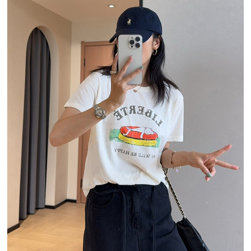 Cute and Youthful Swimming Ring Cat Print Loose Slimming Lightweight Breathable Short-Sleeved T-Shirt for Women 2026 New Style Cute and Youthful Swimming Ring Cat Print Loose Slimming Lightweight Breathable Short-Sleeved T-Shirt for Women 2026 New Style