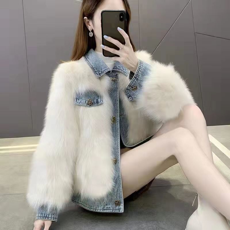 2025 Winter New Fashion Fur Coat Women's Short Denim Imitation Fox Fur Thickened Korean Style Coat Hot Style 2025 Winter New Fashion Fur Coat Women's Short Denim Imitation Fox Fur Thickened Korean Style Coat Hot Style