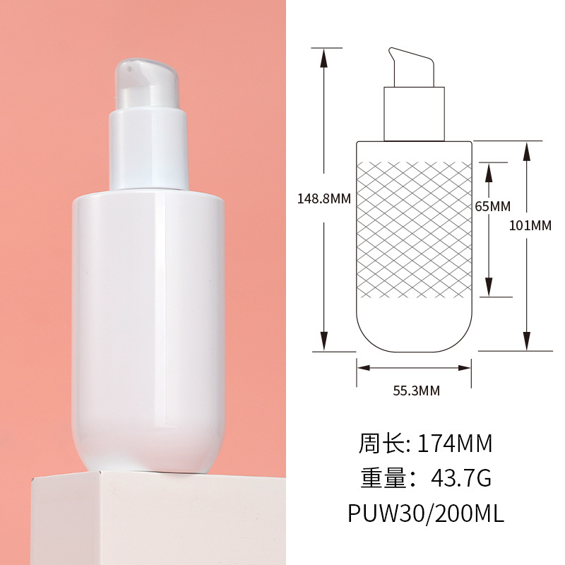 Plástico PET hombro plano fondo redondo botella de la cabeza de la bomba transparente/blanco/esmerilado 200ml loción acondicionador frasco