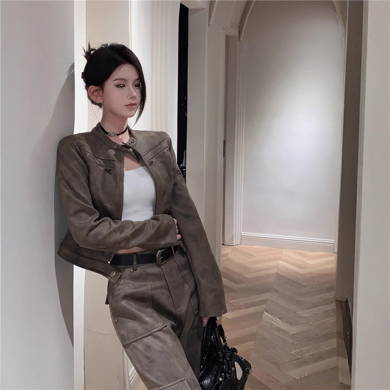 美式复古秋季短款机车服外套女春秋2025新款麂皮咖色帅酷气质夹克|undefined
