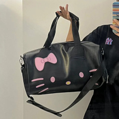 ハローキティ漫画かわいいバッグシングル肩黒皮ハローキティ手持ちフィットネスバッグ斜め掛け旅行バッグ潮