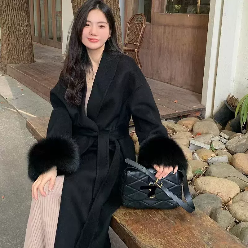 贵气羊毛双面呢大衣女秋冬可拆卸真狐狸毛系带双面绒毛呢外套高级