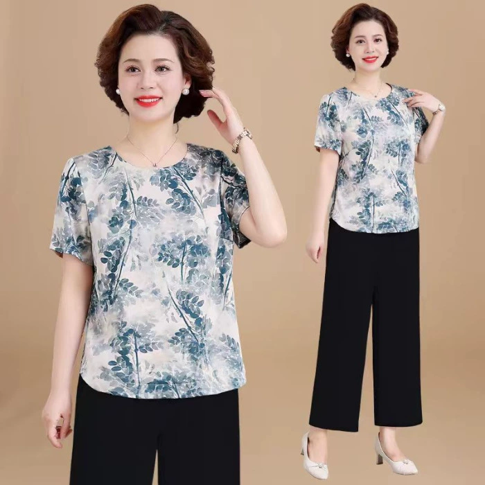 Silk summer clothing for mother, sleeves, summer set, with short sleeve, western style