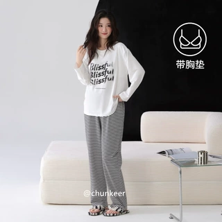 春秋季可外穿睡衣女款韩版莫代尔棉自带胸垫长袖长裤家居服套装