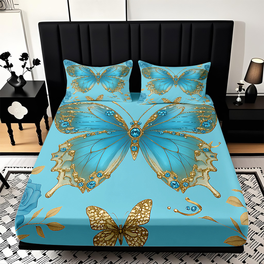 TEMU / JIT Transfronterizo para la serie de mariposas multicolores 3D impresión digital cama cama almohada kit de diseño se puede fijar