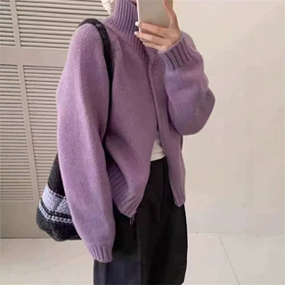 韩版双立领宽松新款拉链多巴胺女休闲纯色慵懒风针织开衫短款外套