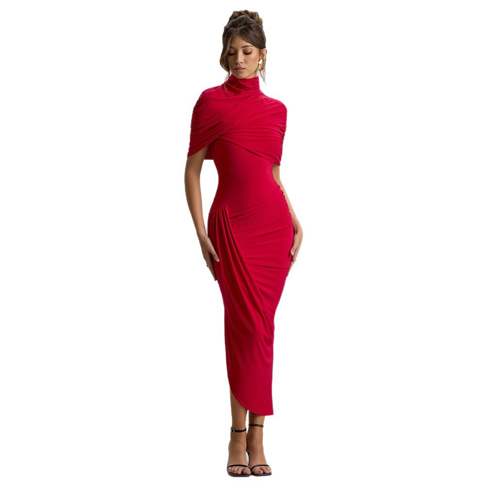 2026 primavera nueva moda de color sólido chal irregular pliegue bolsa delgada vestido de espalda de cadera image 6