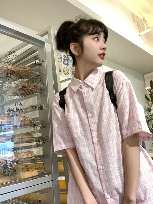 日系港风甜美粉色格子短袖衬衫男女夏季高级设计感小个子上衣外套|undefined