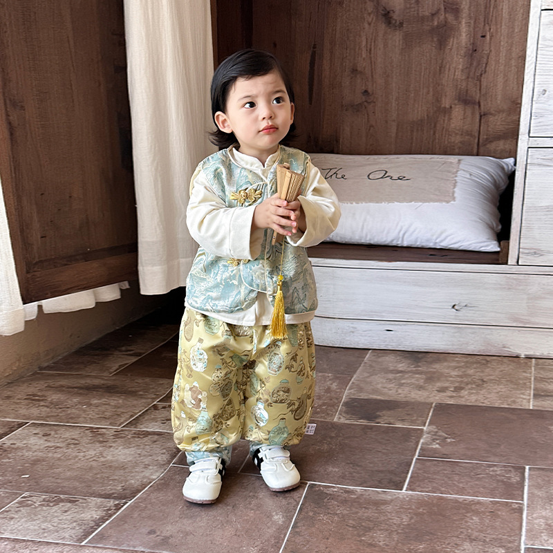 男童套装秋装宝宝新中式马甲外套百天抓周岁礼服婴幼儿分体三件套|undefined