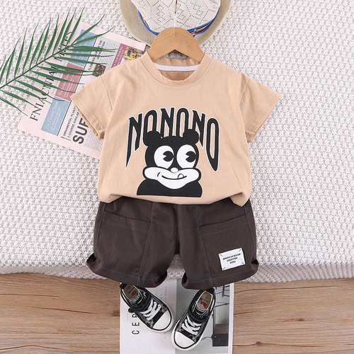 Children's Summer Set of Two Pieces: Cotton T-Shirt and Shorts with Bear Print for Young Boys