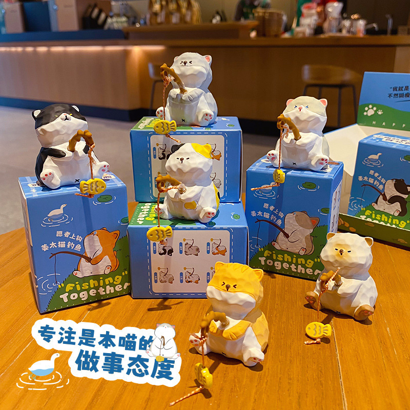 Original Ginger Cat Fishing Resin Small Ornaments Women's Cute Creative Exquisite Doll Decomposition Home Desktop Decorations