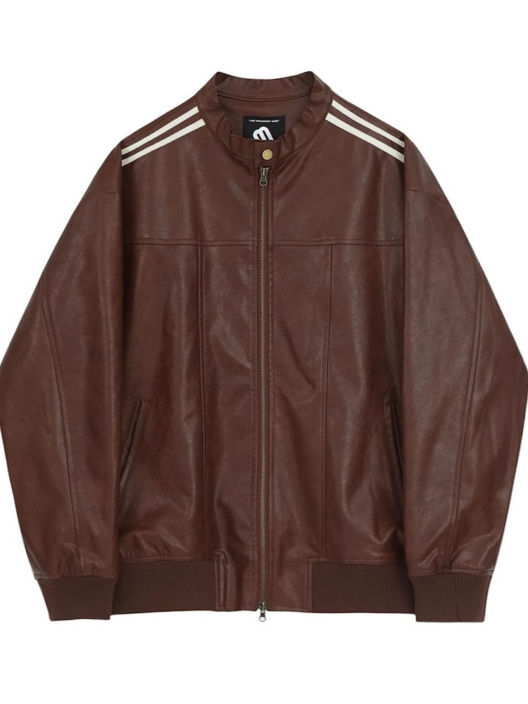 美ラード風皮上着男性春秋ゆるい立襟上着韓国版トレンド機関車革ジャケット潮