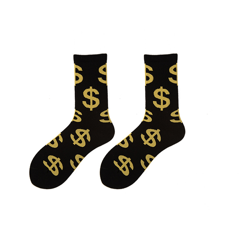 Mid-Calf Socks for Men and Women, Dollar-Themed, European and American Street Style Skateboard Socks, Hip-Hop, Trendy Internet Celebrity Socks, Wholesale from Manufacturer, Versatile Ins-Style
