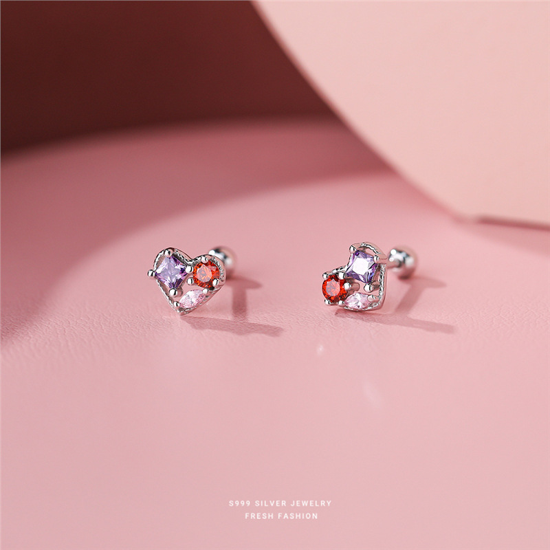 S999 Silver Zircon Heart Stud Earrings Simple Sweet Versatile_voghion.com