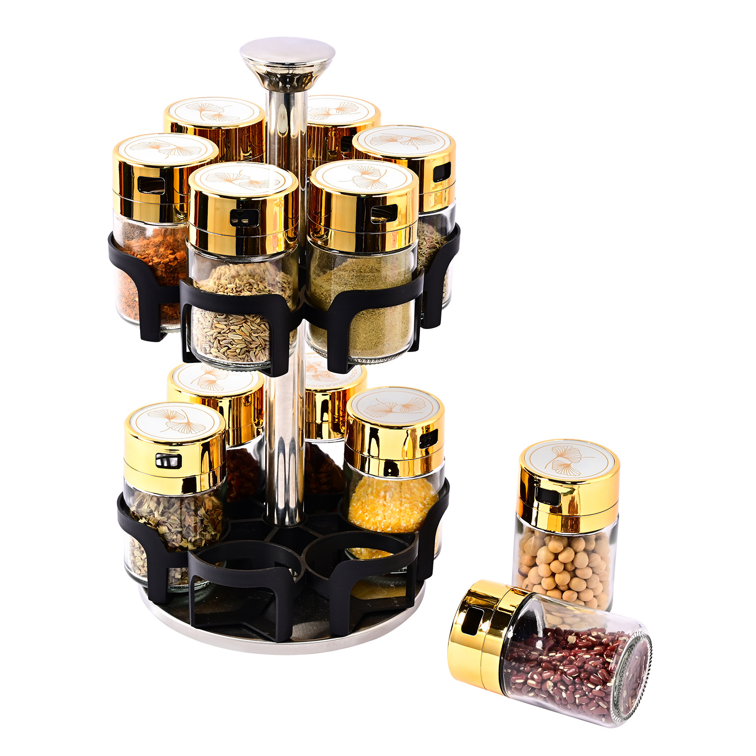 Creativo nuevo lujo ligero condimento rack traje a prueba de fugas vidrio condimento tarro sal tarro rotatorio condimento botella cocina suministros