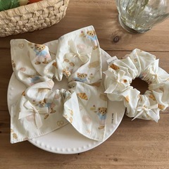 甜心可爱厨师小熊奶油黄蝴蝶结方巾大肠发圈少女心扎马尾发绳发饰