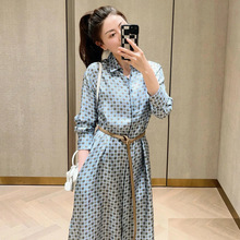高端18姆米斜纹绸真丝配腰带印花连衣裙长袖收腰a字长裙女早秋款