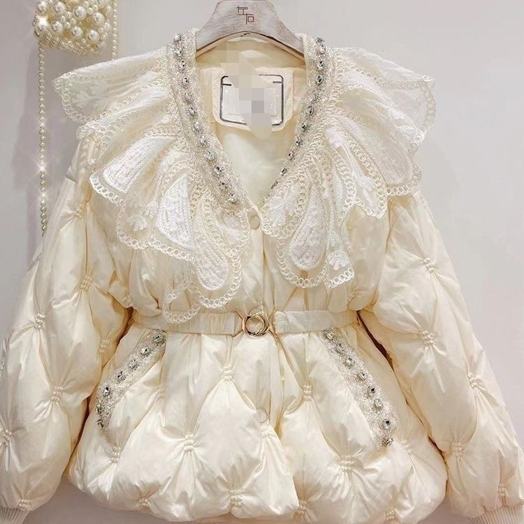 2025 Women's Sweet Heavy-Duty down Jacket with Rhinestones, Doll Collar, Waist Slimming, White down Jacket, Cotton Jacket 2025 Women's Sweet Heavy-Duty down Jacket with Rhinestones, Doll Collar, Waist Slimming, White down Jacket, Cotton Jacket