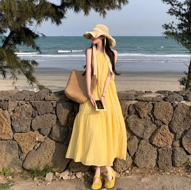 Beach Vacation Gentle Style Yellow Plaid Vest Dress for Women 2026 Summer New Loose Slimming Long Dress Beach Vacation Gentle Style Yellow Plaid Vest Dress for Women 2026 Summer New Loose Slimming Long Dress