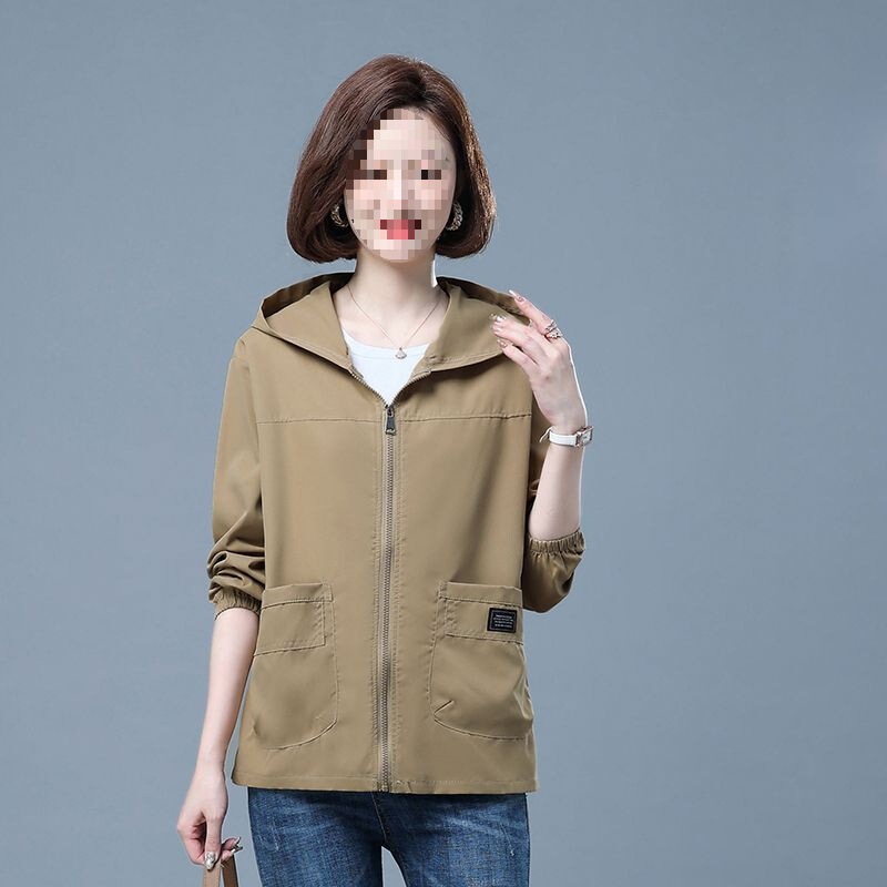 中年春秋季大码连帽宽松短外套女洋气减龄防风透气时尚单层夹克装|undefined
