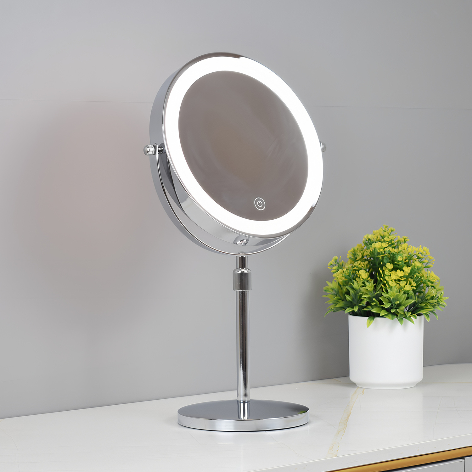 Espejo de maquillaje de doble cara de 8 pulgadas para escritorio, espejo de mesa redondo iluminado, espejo LED con luces, espejo telescópico con aumento, altura ajustable.