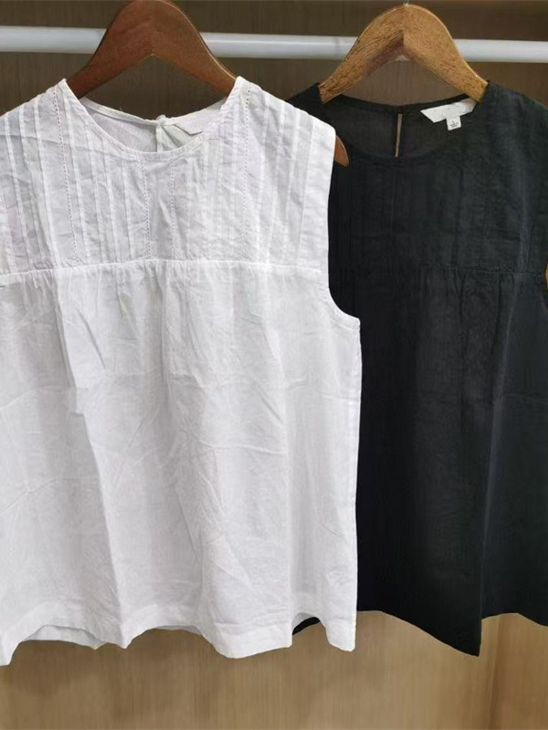 Japanese Women's Round Neck Cotton Pullover Shirt Sleeveless Shirt Top Pure Color 25 Summer New Style 478591