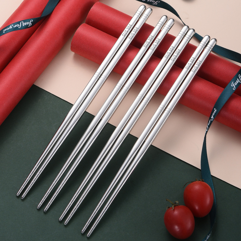 Stainless Steel Chopsticks 304 Household Hotel Non-slip Anti-scalding Square Metal Chopsticks Silver Iron Tappers Chinese-style Family suit