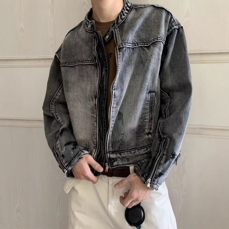Spring and Autumn Vintage Heavy Laptop Collar Denim Jacket Men's Japanese Style Washed Old Style Design Sense Couple's Trendy Top