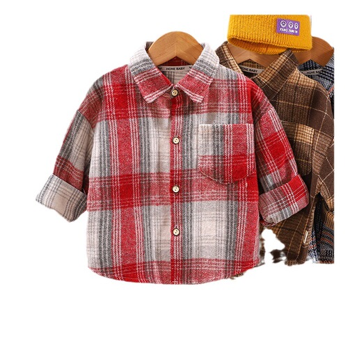 Children's Fall Long-Sleeve Shirt  Casual Medium and Large Kids Plaid Collared Shirt for Boys and Girls, Stylish and Trendy