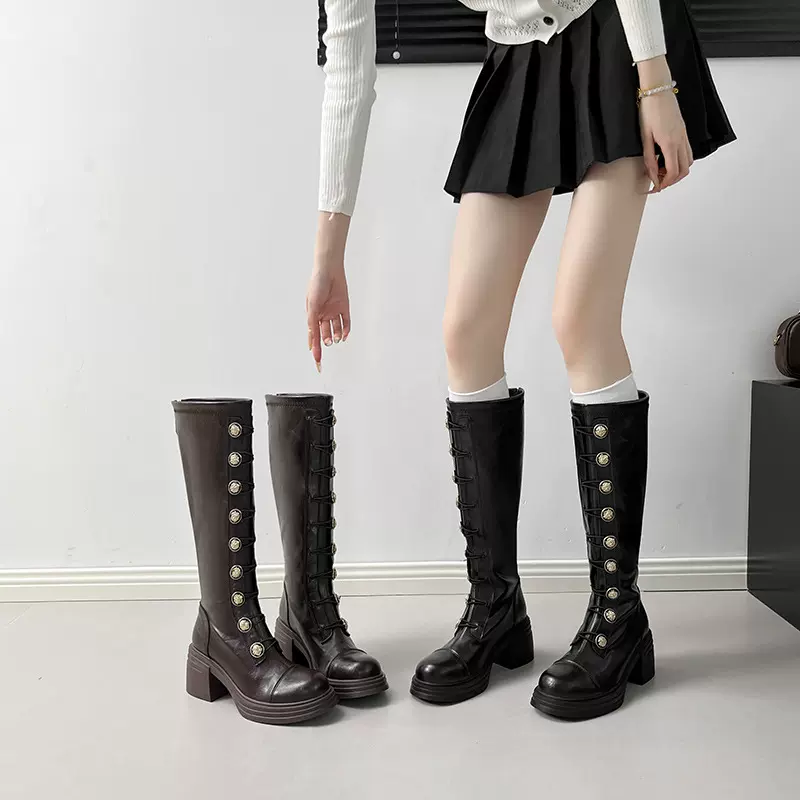 复古英伦徽章不过膝长靴女秋冬新款粗跟显瘦高筒瘦瘦靴骑士靴弹力