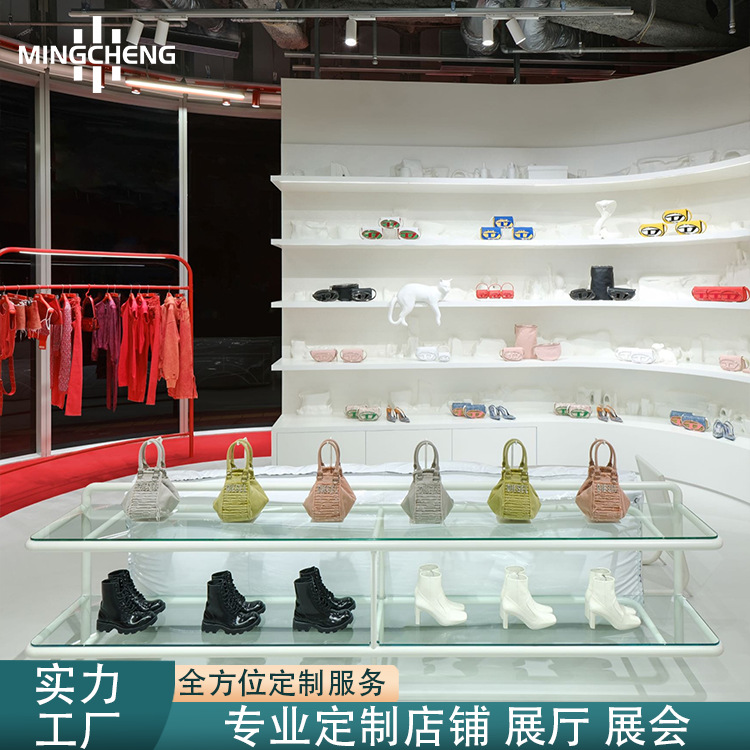 零售店设计女士高跟鞋展示架透明玻璃展示柜饰品手工包包中岛柜台