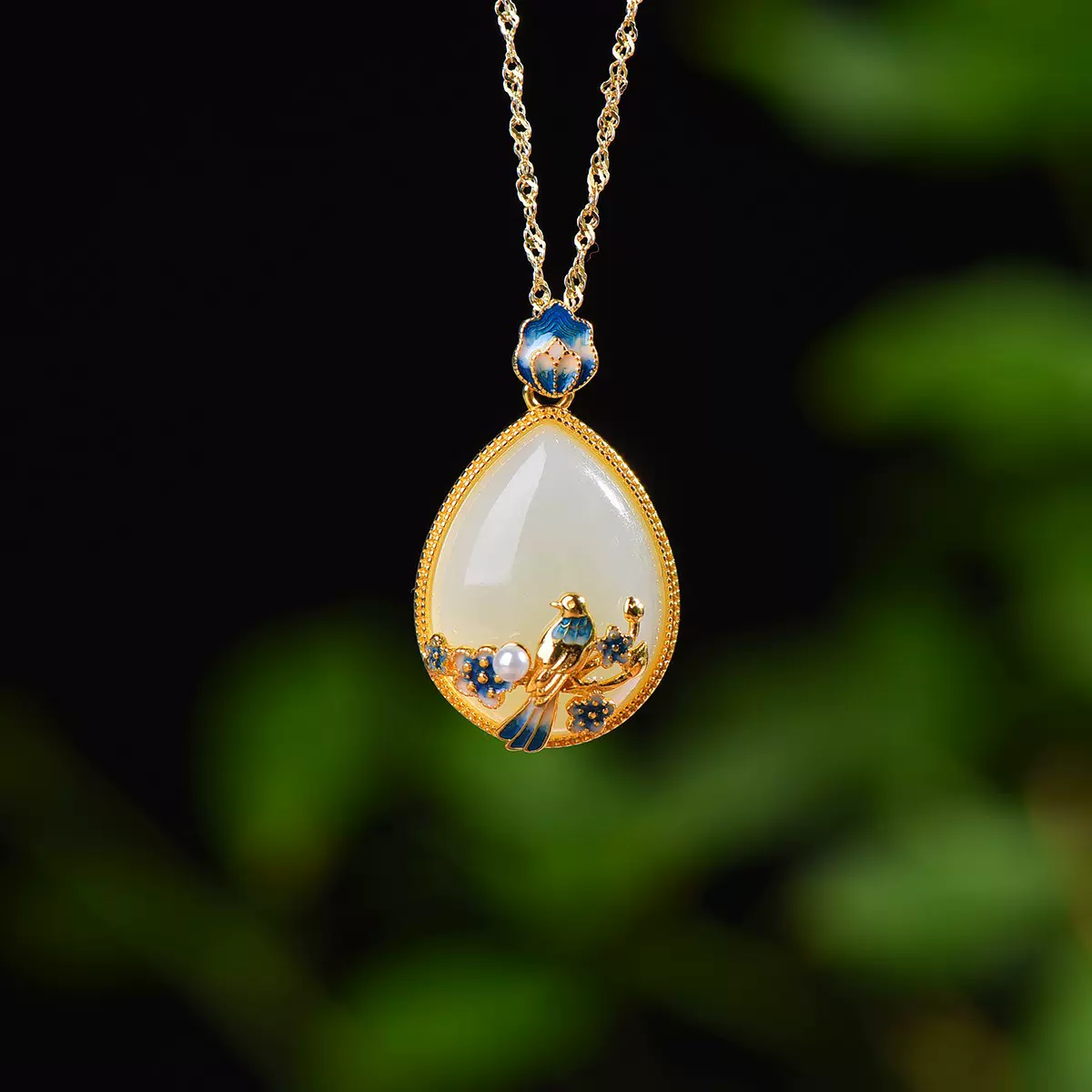 S925银镶嵌和田玉水滴珐琅鸟语花香配珍珠吊坠新中式高级小众饰品