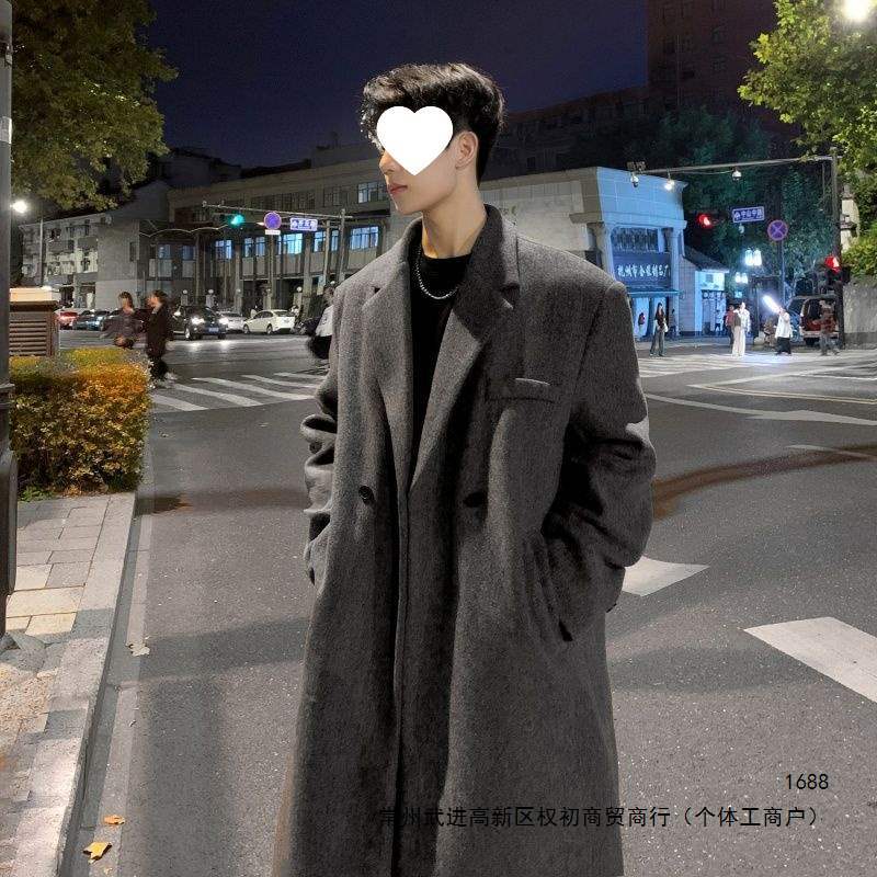 Men's mid-length overcoat, thickened, loose-fitting, knee-length, Korean style woolen suit-inspired trench coat, new for 2026.