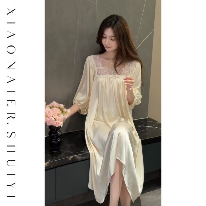 2026 New Model Ice Silk High-End Pajamas for Women, Summer Sexy Lace Hollow-Out Short-Sleeve Nightgown Loungewear 2026 New Model Ice Silk High-End Pajamas for Women, Summer Sexy Lace Hollow-Out Short-Sleeve Nightgown Loungewear