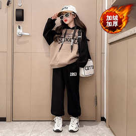 银狐绒350克女童秋冬季加绒卫衣套装2024洋气中儿童运动两件套潮