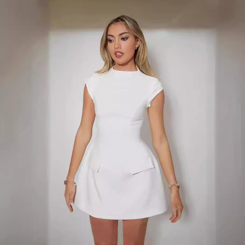 2025 New Summer Amazon New European and American Clothing Pure Color Round Neck Flap Pocket Pants Design Waist Slim Dress 2025 New Summer Amazon New European and American Clothing Pure Color Round Neck Flap Pocket Pants Design Waist Slim Dress