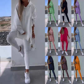 欧美跨境女装运动休闲套装开衩纯色连帽卫衣紧身裤两件套女