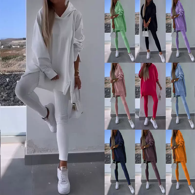 欧美跨境女装运动休闲套装开衩纯色连帽卫衣紧身裤两件套女