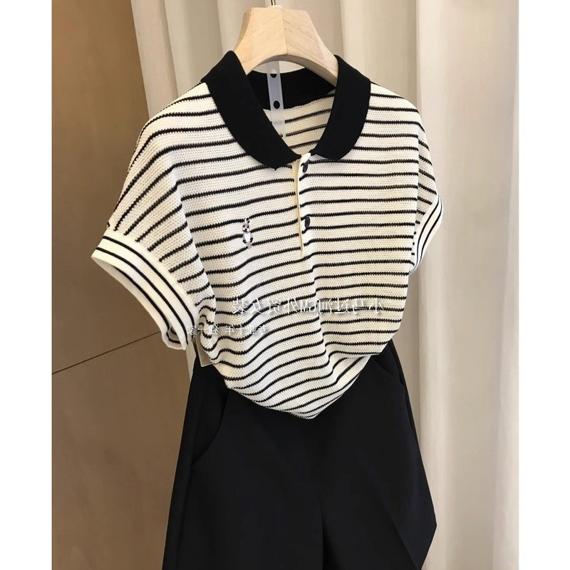 Original g Quality, Lyocell Tencel ~ Contrasting Color Strip Bunny Embroider Polo Collar Knitwear T-Shirt for Women Summer