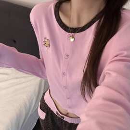 甜美纯色HelloKitty睡衣女2026春秋季长袖可外穿豹纹家居服两件套