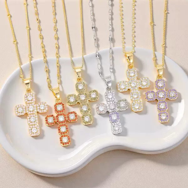 Amazon Cross-Border Popular Full Diamond Versatile Colorful Zircon Cross Pendant Necklace High-End Gold-Plated Pendant