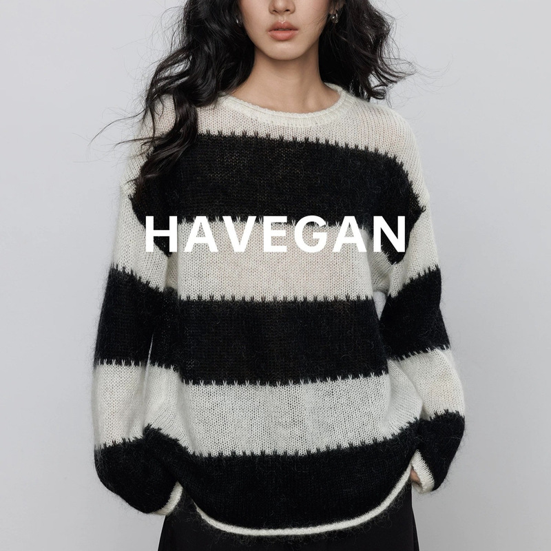 Havegan/Autumn Round Neck Wool Soft Waxy Knitwear Women's Mohair Old Money Style Knitwear Casual Top