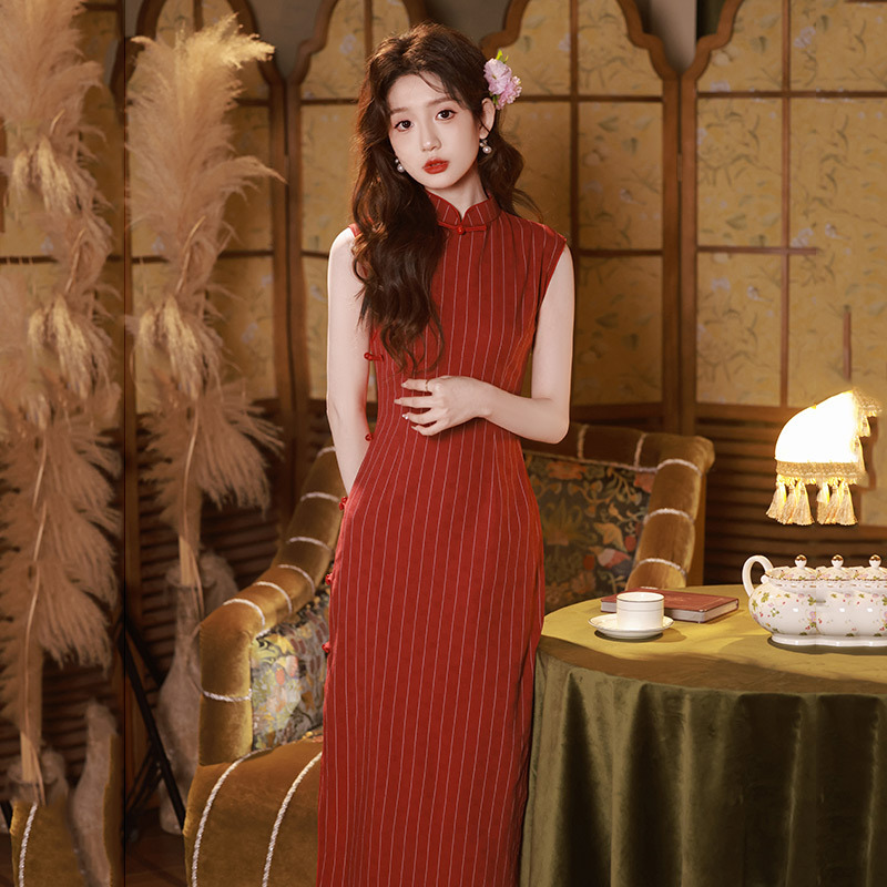 紅色條紋無袖新中式改良旗袍年輕款少女性感復古修身氣質日常可穿