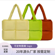 跨境秋冬韩式棉服包纯色高级气质菱格手拎包托特包通勤轻便手提包