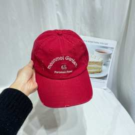 明星同款复古红水洗做旧字母刺绣棒球帽女显脸小休闲百搭鸭舌帽潮