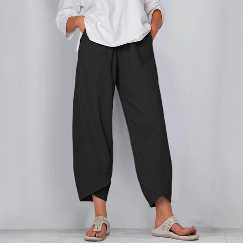 Factory Direct Sale Spring and Summer New Items Foreign Trade Elastic Waist Cotton Linen Loose Casual Home Pants for Women