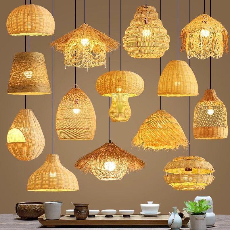 吊灯藤编氛围灯民宿餐厅灯竹编禅意茶室灯复古藤艺创意草帽灯罩灯