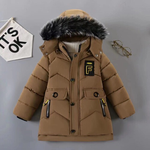 Children's winter 2024 new cotton coat, middle and long length, suitable for small and medium children, Korean style, thickened and furred, with large fur collar.