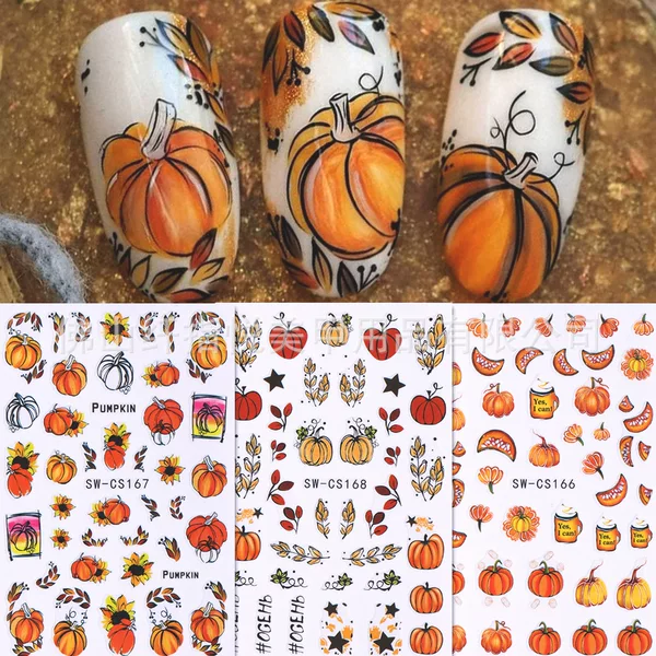 Cross-border new nail stickers wholesale 3D Thanksgiving pumpkin flowers autumn deciduous nail stickers decoration