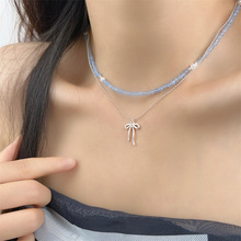 轻奢小众蓝色串珠碎银子项链 海盐蓝蝴蝶结锁骨链 叠戴冰透蓝颈链